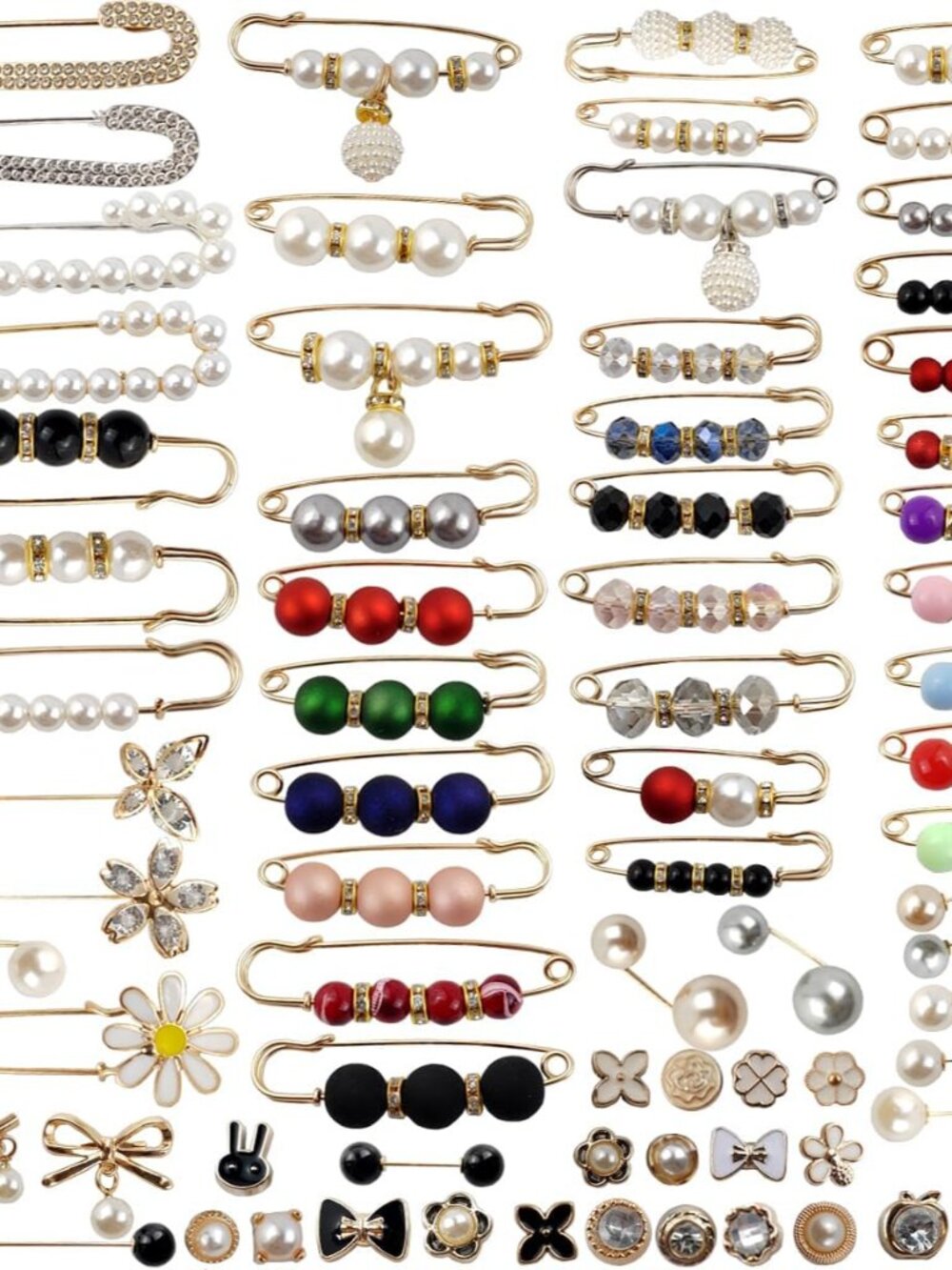 75PCS Pearl Brooch,Pant Waist Tightener Safety Pin Double Faux Pearl Brooches fo